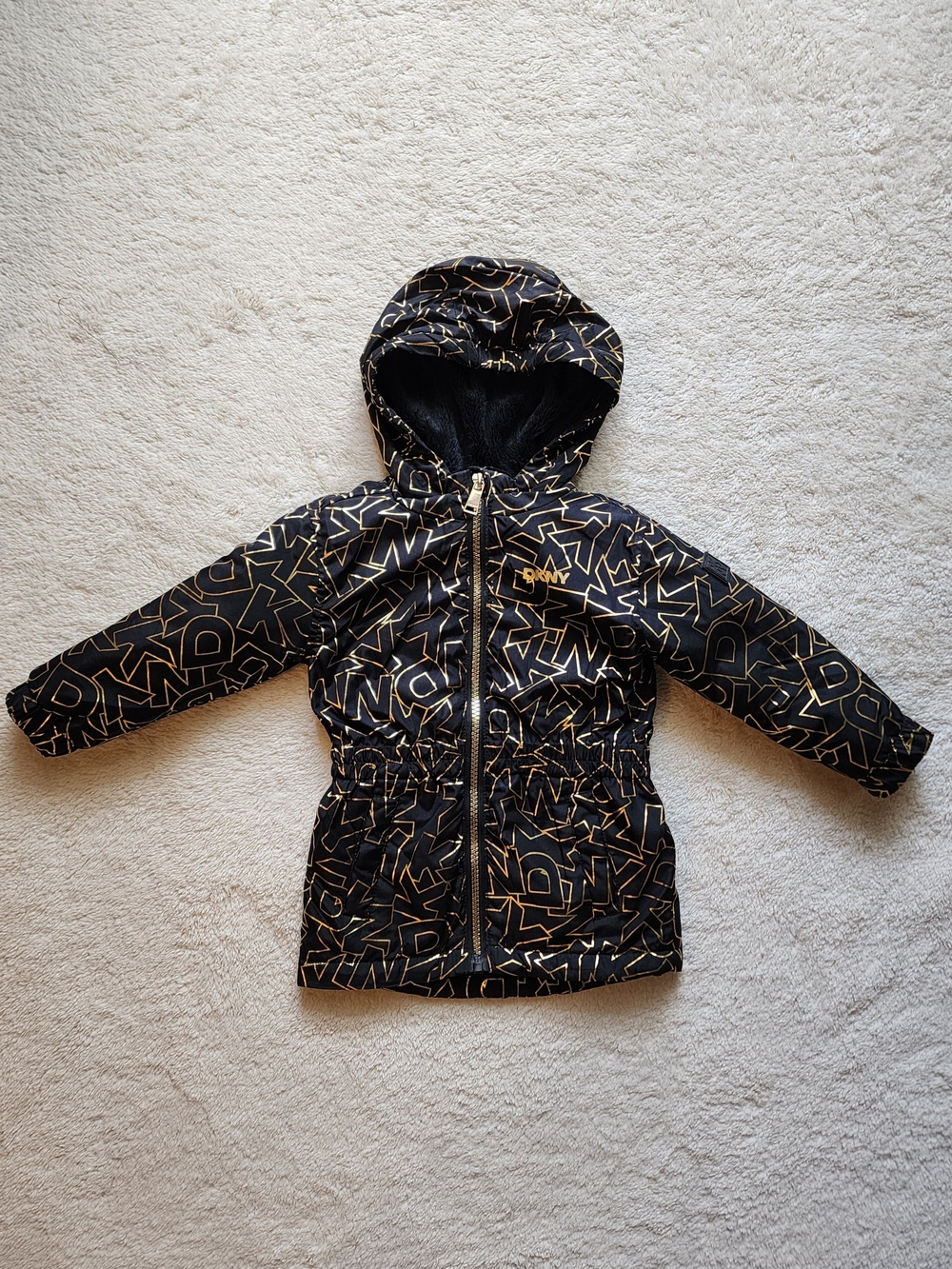 DKNY Hooded Lined Full Zip Jacket Black/Gold Logo Print Geometric 12-18M